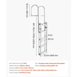 VEVOR Retractable Dock Ladder, 5 Steps, Aluminum Alloy Pontoon Boat Swim Ladder, with Non-Slip Wide Steps, 350 lbs Weight Capacity, Adjustable Height, for Lake Swimming, Pool, Boat, Marine Boarding