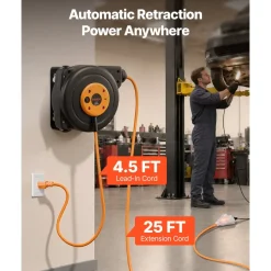 VEVOR Retractable Extension Cord Reel 25FT Heavy Duty 14AWG/3C SJTOW Orange, for Ceiling/Wall Mount, 13A Circuit Breaker, Automatic Retractable Power Cord, Lighted Triple Tap, with 180° Swivel Bracket