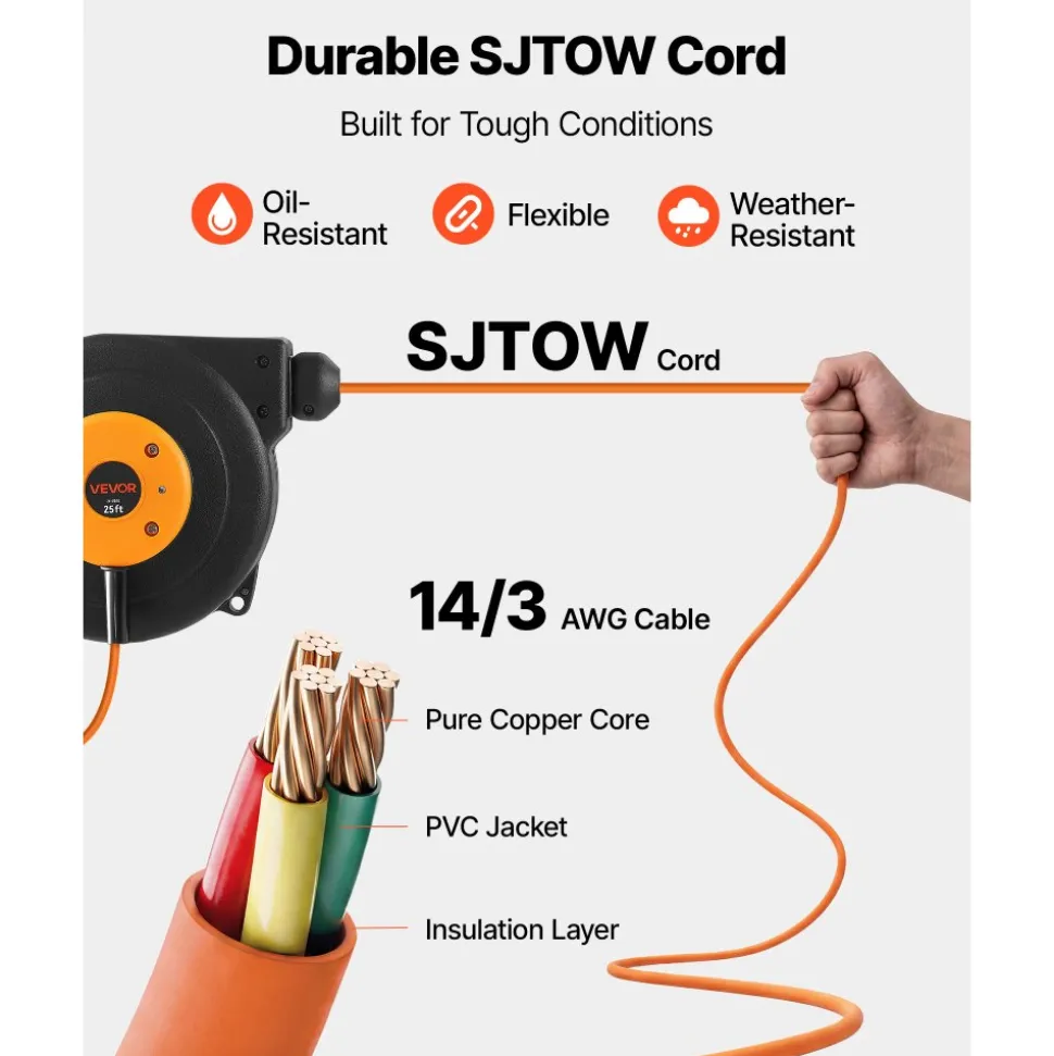 VEVOR Retractable Extension Cord Reel 25FT Heavy Duty 14AWG/3C SJTOW Orange, for Ceiling/Wall Mount, 13A Circuit Breaker, Automatic Retractable Power Cord, Lighted Triple Tap, with 180° Swivel Bracket