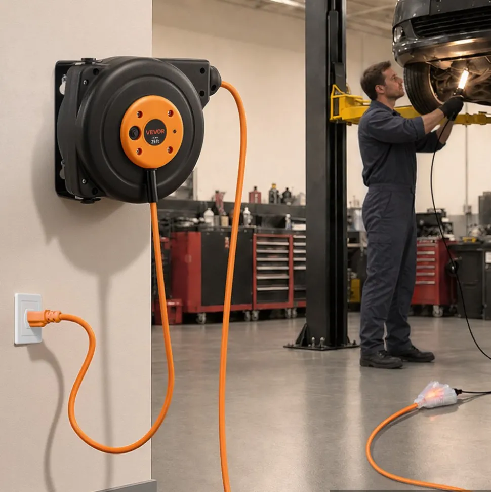 VEVOR Retractable Extension Cord Reel 25FT Heavy Duty 14AWG/3C SJTOW Orange, for Ceiling/Wall Mount, 13A Circuit Breaker, Automatic Retractable Power Cord, Lighted Triple Tap, with 180° Swivel Bracket