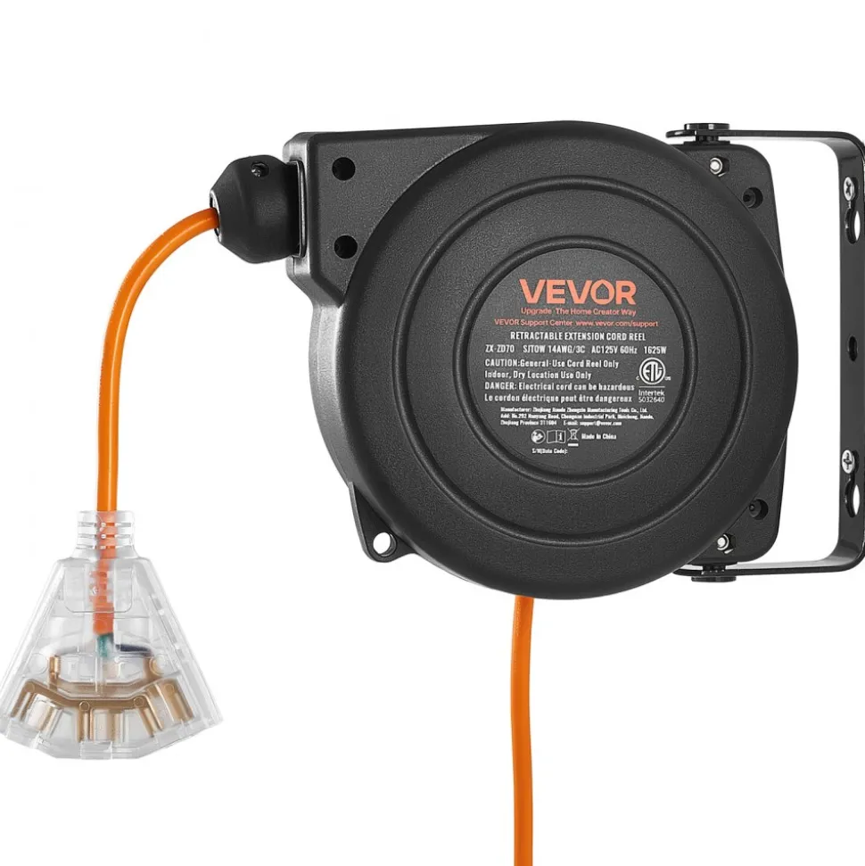 VEVOR Retractable Extension Cord Reel 25FT Heavy Duty 14AWG/3C SJTOW Orange, for Ceiling/Wall Mount, 13A Circuit Breaker, Automatic Retractable Power Cord, Lighted Triple Tap, with 180° Swivel Bracket