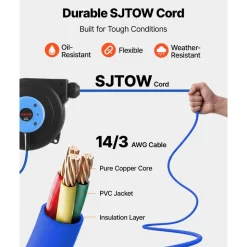 VEVOR Retractable Extension Cord Reel 25FT Heavy Duty 14AWG/3C SJTOW Blue, for Ceiling/Wall Mount, 13A Circuit Breaker, Automatic Retractable Power Cord, Lighted Triple Tap, with 180° Swivel Bracket