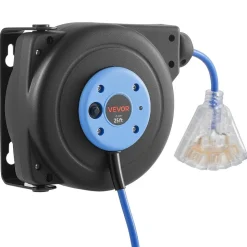 VEVOR Retractable Extension Cord Reel 25FT Heavy Duty 14AWG/3C SJTOW Blue, for Ceiling/Wall Mount, 13A Circuit Breaker, Automatic Retractable Power Cord, Lighted Triple Tap, with 180° Swivel Bracket