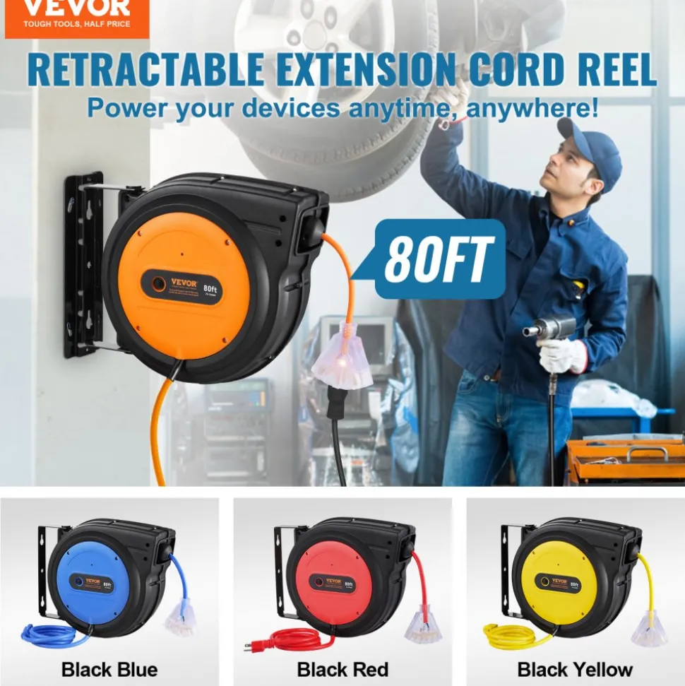 VEVOR Retractable Extension Cord Reel, 80 FT, Heavy Duty 12AWG/3C SJTOW Retractable Power Cord with Lighted Triple Tap Outlet, 15 Amp Circuit Breaker 180° Swivel Bracket for Ceiling or Wall Mount