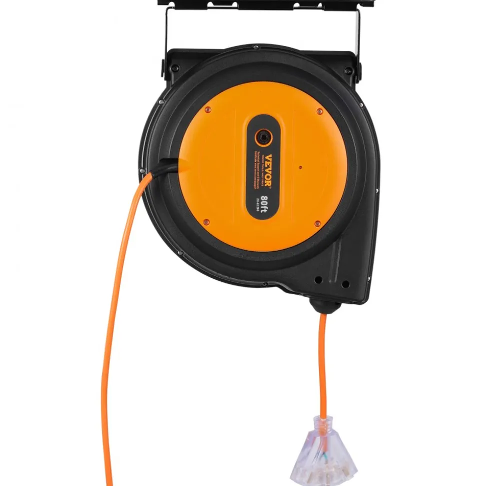 VEVOR Retractable Extension Cord Reel, 80 FT, Heavy Duty 12AWG/3C SJTOW Retractable Power Cord with Lighted Triple Tap Outlet, 15 Amp Circuit Breaker 180° Swivel Bracket for Ceiling or Wall Mount