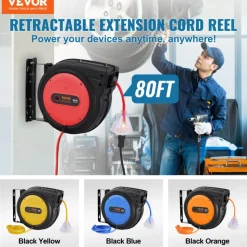 VEVOR Retractable Extension Cord Reel, 50 FT, Heavy Duty 14AWG/3C SJTOW Retractable Power Cord with Lighted Triple Tap Outlet, 13 Amp Circuit Breaker 180° Swivel Bracket for Ceiling or Wall Mount