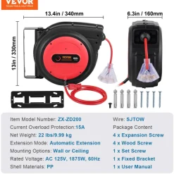 VEVOR Retractable Extension Cord Reel, 50 FT, Heavy Duty 14AWG/3C SJTOW Retractable Power Cord with Lighted Triple Tap Outlet, 13 Amp Circuit Breaker 180° Swivel Bracket for Ceiling or Wall Mount