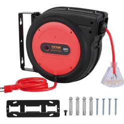 VEVOR Retractable Extension Cord Reel, 50 FT, Heavy Duty 14AWG/3C SJTOW Retractable Power Cord with Lighted Triple Tap Outlet, 13 Amp Circuit Breaker 180° Swivel Bracket for Ceiling or Wall Mount