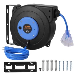 VEVOR Retractable Extension Cord Reel, 30 FT, Heavy Duty 16AWG/3C SJTOW Retractable Power Cord Reel with Lighted Triple Tap Outlet 10 Amp Circuit Breaker 4.5FT Lead-in Cord, for Ceiling or Wall Mount