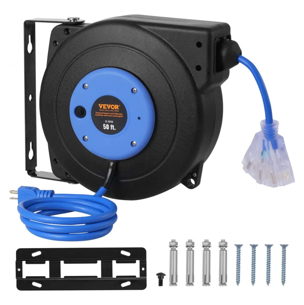 VEVOR Retractable Extension Cord Reel, 50 FT, Heavy Duty 14AWG/3C SJTOW Retractable Power Cord with Lighted Triple Tap Outlet, 13 Amp Circuit Breaker 180° Swivel Bracket for Ceiling or Wall Mount