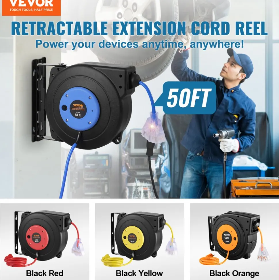 VEVOR Retractable Extension Cord Reel, 50 FT, Heavy Duty 14AWG/3C SJTOW Retractable Power Cord with Lighted Triple Tap Outlet, 13 Amp Circuit Breaker 180° Swivel Bracket for Ceiling or Wall Mount