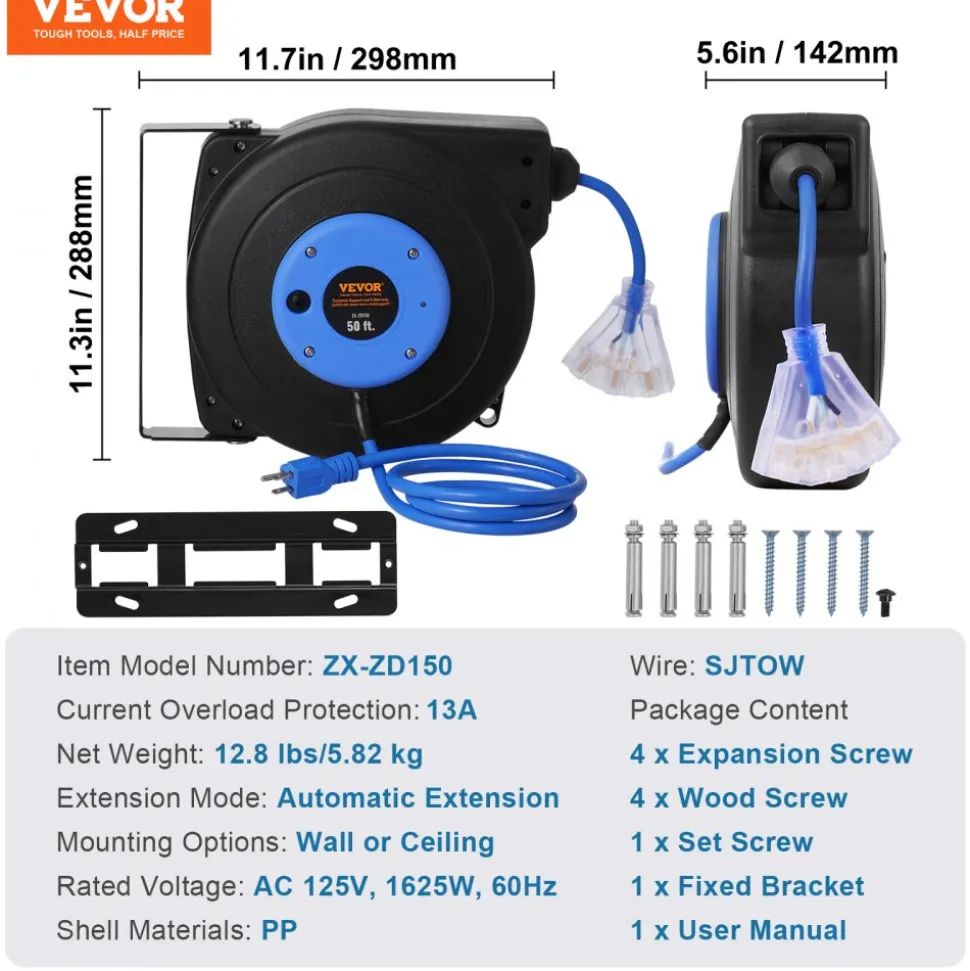 VEVOR Retractable Extension Cord Reel, 50 FT, Heavy Duty 14AWG/3C SJTOW Retractable Power Cord with Lighted Triple Tap Outlet, 13 Amp Circuit Breaker 180° Swivel Bracket for Ceiling or Wall Mount