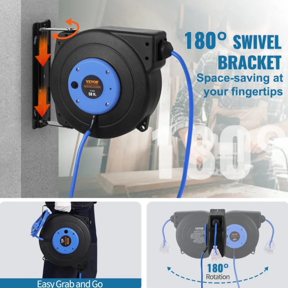 VEVOR Retractable Extension Cord Reel, 50 FT, Heavy Duty 14AWG/3C SJTOW Retractable Power Cord with Lighted Triple Tap Outlet, 13 Amp Circuit Breaker 180° Swivel Bracket for Ceiling or Wall Mount