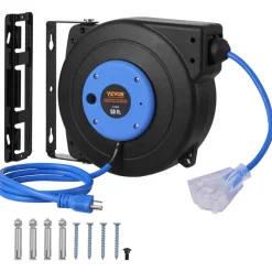 VEVOR Retractable Extension Cord Reel, 50 FT, Heavy Duty 14AWG/3C SJTOW Retractable Power Cord with Lighted Triple Tap Outlet, 13 Amp Circuit Breaker 180° Swivel Bracket for Ceiling or Wall Mount