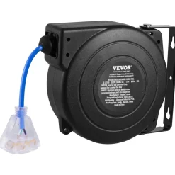 VEVOR Retractable Extension Cord Reel, 50 FT, Heavy Duty 14AWG/3C SJTOW Retractable Power Cord with Lighted Triple Tap Outlet, 13 Amp Circuit Breaker 180° Swivel Bracket for Ceiling or Wall Mount