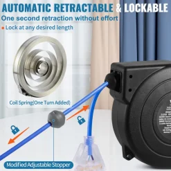 VEVOR Retractable Extension Cord Reel, 50 FT, Heavy Duty 14AWG/3C SJTOW Retractable Power Cord with Lighted Triple Tap Outlet, 13 Amp Circuit Breaker 180° Swivel Bracket for Ceiling or Wall Mount