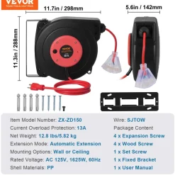 VEVOR Retractable Extension Cord Reel, 50 FT, Heavy Duty 14AWG/3C SJTOW Retractable Power Cord with Lighted Triple Tap Outlet, 13 Amp Circuit Breaker 180° Swivel Bracket for Ceiling or Wall Mount
