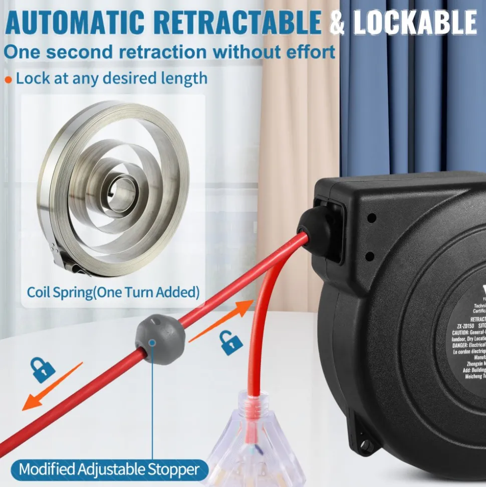 VEVOR Retractable Extension Cord Reel, 50 FT, Heavy Duty 14AWG/3C SJTOW Retractable Power Cord with Lighted Triple Tap Outlet, 13 Amp Circuit Breaker 180° Swivel Bracket for Ceiling or Wall Mount