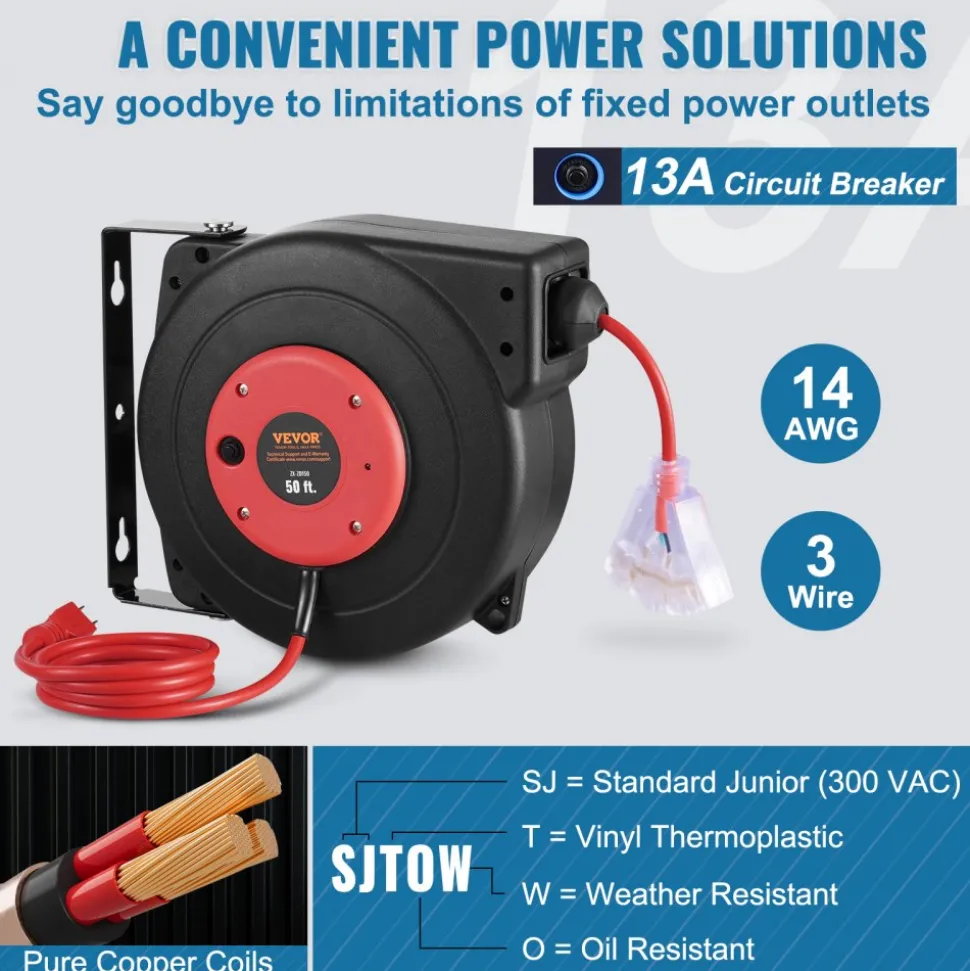 VEVOR Retractable Extension Cord Reel, 50 FT, Heavy Duty 14AWG/3C SJTOW Retractable Power Cord with Lighted Triple Tap Outlet, 13 Amp Circuit Breaker 180° Swivel Bracket for Ceiling or Wall Mount