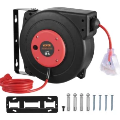 VEVOR Retractable Extension Cord Reel, 50 FT, Heavy Duty 14AWG/3C SJTOW Retractable Power Cord with Lighted Triple Tap Outlet, 13 Amp Circuit Breaker 180° Swivel Bracket for Ceiling or Wall Mount