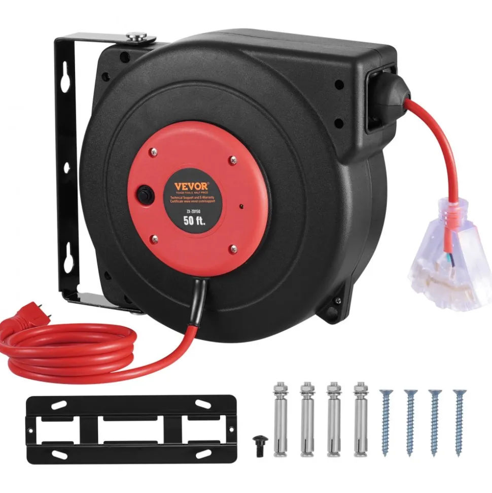 VEVOR Retractable Extension Cord Reel, 50 FT, Heavy Duty 14AWG/3C SJTOW Retractable Power Cord with Lighted Triple Tap Outlet, 13 Amp Circuit Breaker 180° Swivel Bracket for Ceiling or Wall Mount