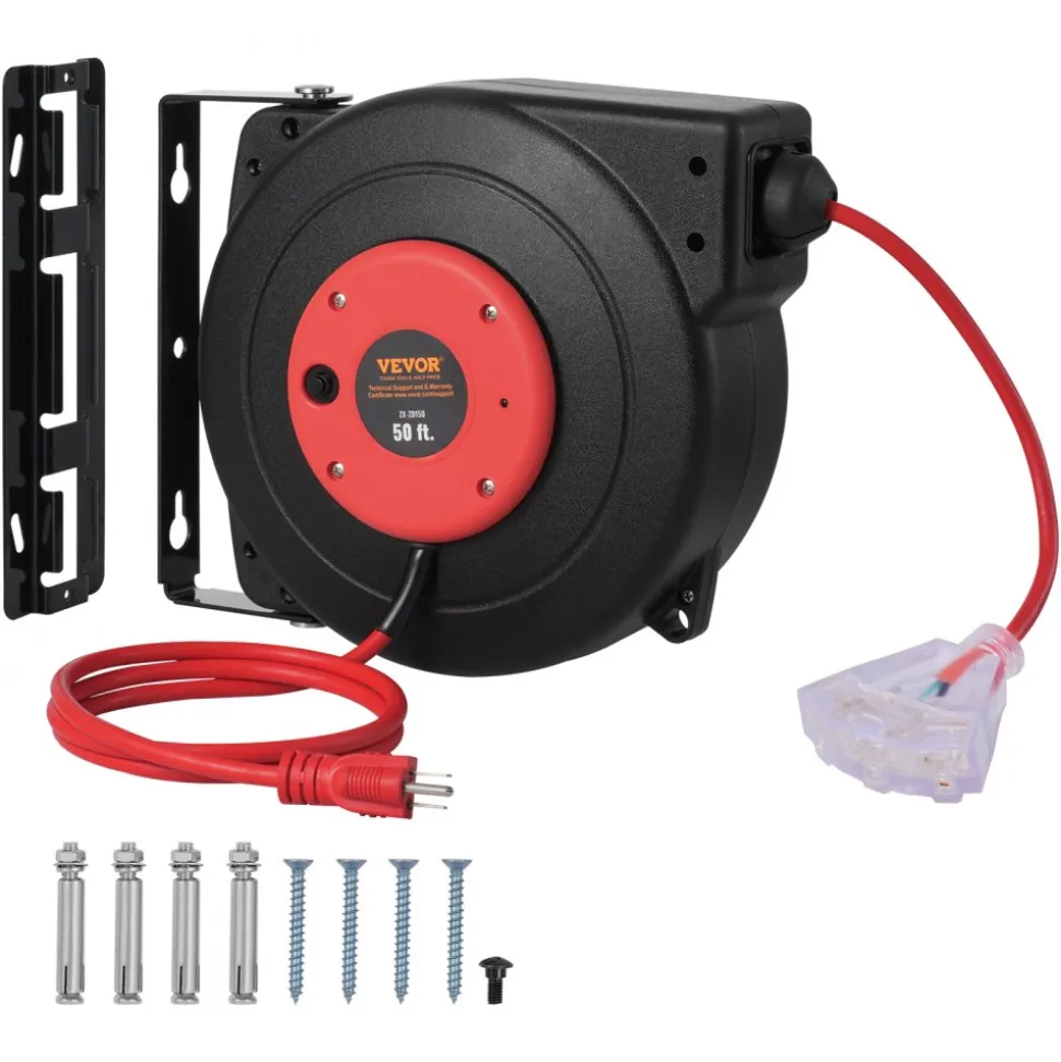 VEVOR Retractable Extension Cord Reel, 50 FT, Heavy Duty 14AWG/3C SJTOW Retractable Power Cord with Lighted Triple Tap Outlet, 13 Amp Circuit Breaker 180° Swivel Bracket for Ceiling or Wall Mount