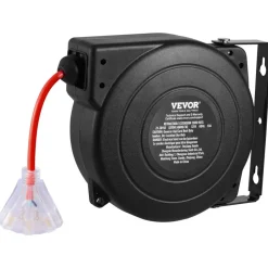 VEVOR Retractable Extension Cord Reel, 50 FT, Heavy Duty 14AWG/3C SJTOW Retractable Power Cord with Lighted Triple Tap Outlet, 13 Amp Circuit Breaker 180° Swivel Bracket for Ceiling or Wall Mount