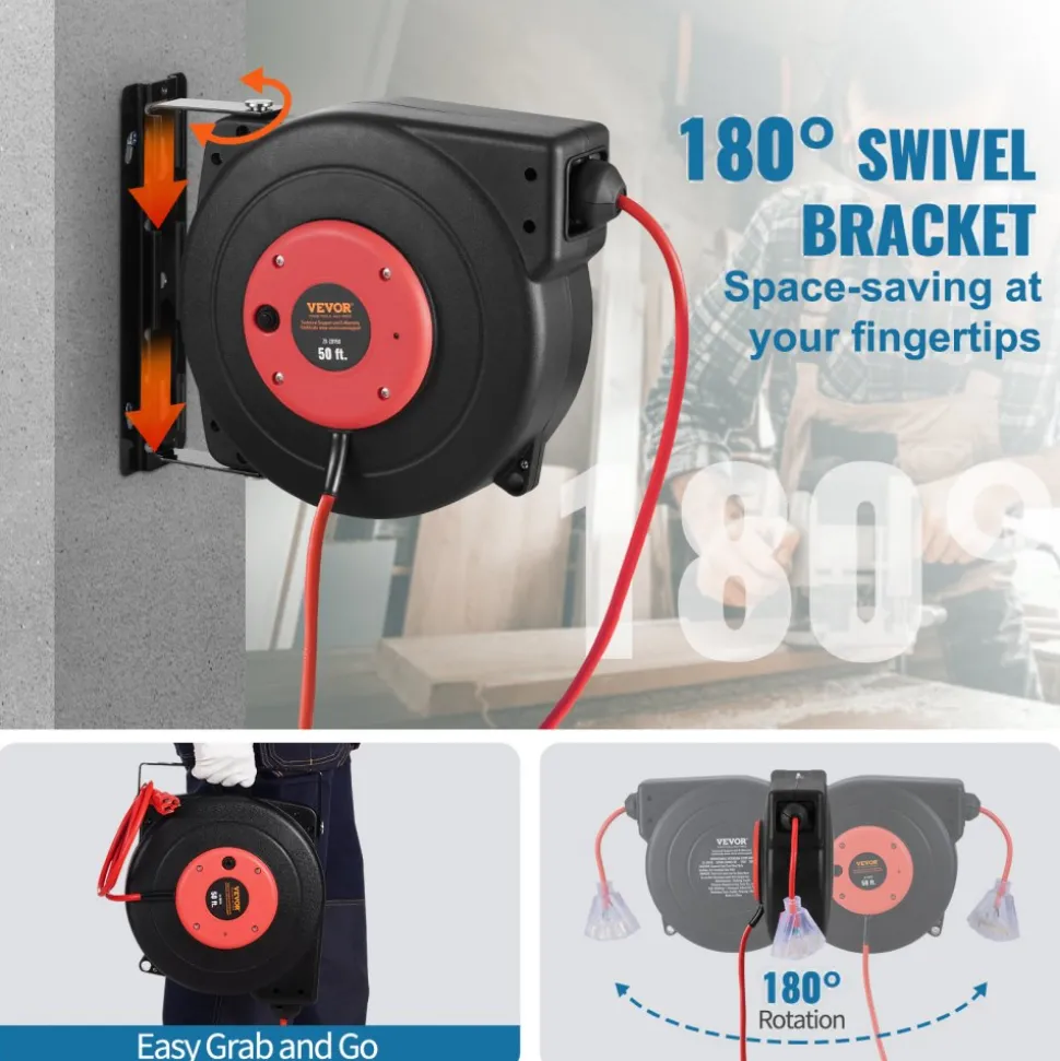 VEVOR Retractable Extension Cord Reel, 50 FT, Heavy Duty 14AWG/3C SJTOW Retractable Power Cord with Lighted Triple Tap Outlet, 13 Amp Circuit Breaker 180° Swivel Bracket for Ceiling or Wall Mount