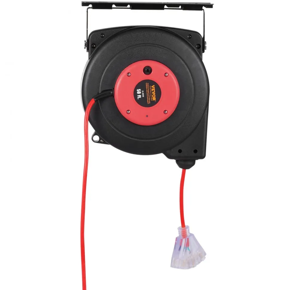 VEVOR Retractable Extension Cord Reel, 50 FT, Heavy Duty 14AWG/3C SJTOW Retractable Power Cord with Lighted Triple Tap Outlet, 13 Amp Circuit Breaker 180° Swivel Bracket for Ceiling or Wall Mount
