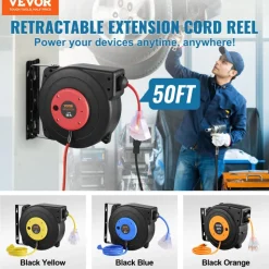 VEVOR Retractable Extension Cord Reel, 50 FT, Heavy Duty 14AWG/3C SJTOW Retractable Power Cord with Lighted Triple Tap Outlet, 13 Amp Circuit Breaker 180° Swivel Bracket for Ceiling or Wall Mount