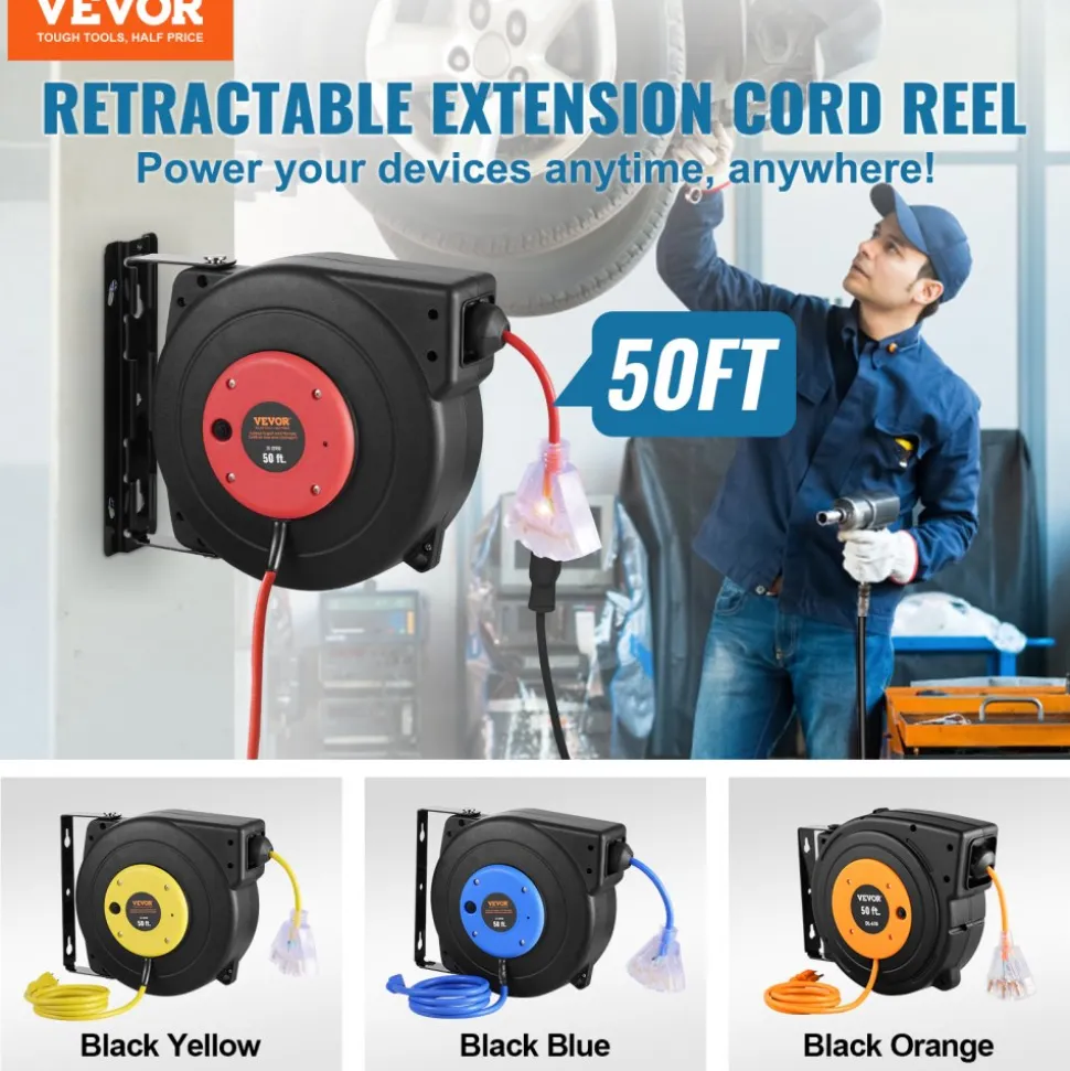 VEVOR Retractable Extension Cord Reel, 50 FT, Heavy Duty 14AWG/3C SJTOW Retractable Power Cord with Lighted Triple Tap Outlet, 13 Amp Circuit Breaker 180° Swivel Bracket for Ceiling or Wall Mount