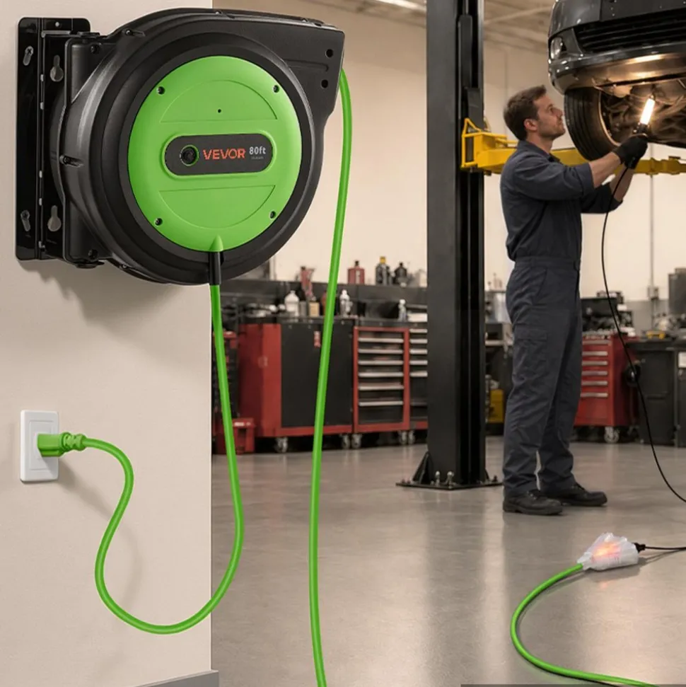 VEVOR Retractable Extension Cord Reel 80FT Heavy Duty 12AWG/3C SJTOW Green, for Ceiling/Wall Mount, 15A Circuit Breaker, Automatic Retractable Power Cord, Lighted Triple Tap, with 180° Swivel Bracket