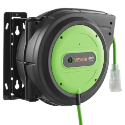 VEVOR Retractable Extension Cord Reel 80FT Heavy Duty 12AWG/3C SJTOW Green, for Ceiling/Wall Mount, 15A Circuit Breaker, Automatic Retractable Power Cord, Lighted Triple Tap, with 180° Swivel Bracket