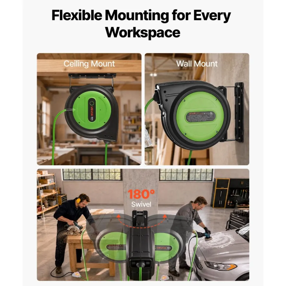 VEVOR Retractable Extension Cord Reel 80FT Heavy Duty 12AWG/3C SJTOW Green, for Ceiling/Wall Mount, 15A Circuit Breaker, Automatic Retractable Power Cord, Lighted Triple Tap, with 180° Swivel Bracket