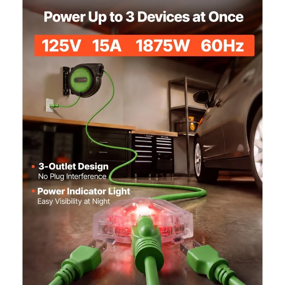 VEVOR Retractable Extension Cord Reel 80FT Heavy Duty 12AWG/3C SJTOW Green, for Ceiling/Wall Mount, 15A Circuit Breaker, Automatic Retractable Power Cord, Lighted Triple Tap, with 180° Swivel Bracket