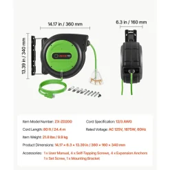 VEVOR Retractable Extension Cord Reel 80FT Heavy Duty 12AWG/3C SJTOW Green, for Ceiling/Wall Mount, 15A Circuit Breaker, Automatic Retractable Power Cord, Lighted Triple Tap, with 180° Swivel Bracket