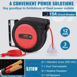 VEVOR Retractable Extension Cord Reel, 65 FT, Heavy Duty 12AWG/3C SJTOW Retractable Power Cord with Lighted Triple Tap Outlet, 15 Amp Circuit Breaker 180° Swivel Bracket for Ceiling or Wall Mount
