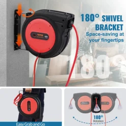 VEVOR Retractable Extension Cord Reel, 65 FT, Heavy Duty 12AWG/3C SJTOW Retractable Power Cord with Lighted Triple Tap Outlet, 15 Amp Circuit Breaker 180° Swivel Bracket for Ceiling or Wall Mount