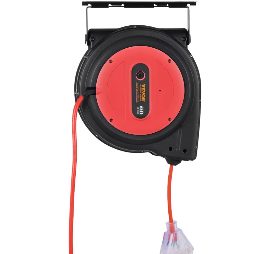 VEVOR Retractable Extension Cord Reel, 65 FT, Heavy Duty 12AWG/3C SJTOW Retractable Power Cord with Lighted Triple Tap Outlet, 15 Amp Circuit Breaker 180° Swivel Bracket for Ceiling or Wall Mount