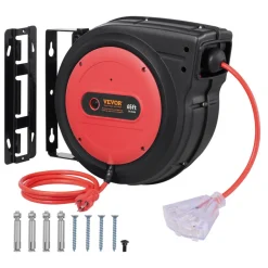 VEVOR Retractable Extension Cord Reel, 65 FT, Heavy Duty 12AWG/3C SJTOW Retractable Power Cord with Lighted Triple Tap Outlet, 15 Amp Circuit Breaker 180° Swivel Bracket for Ceiling or Wall Mount