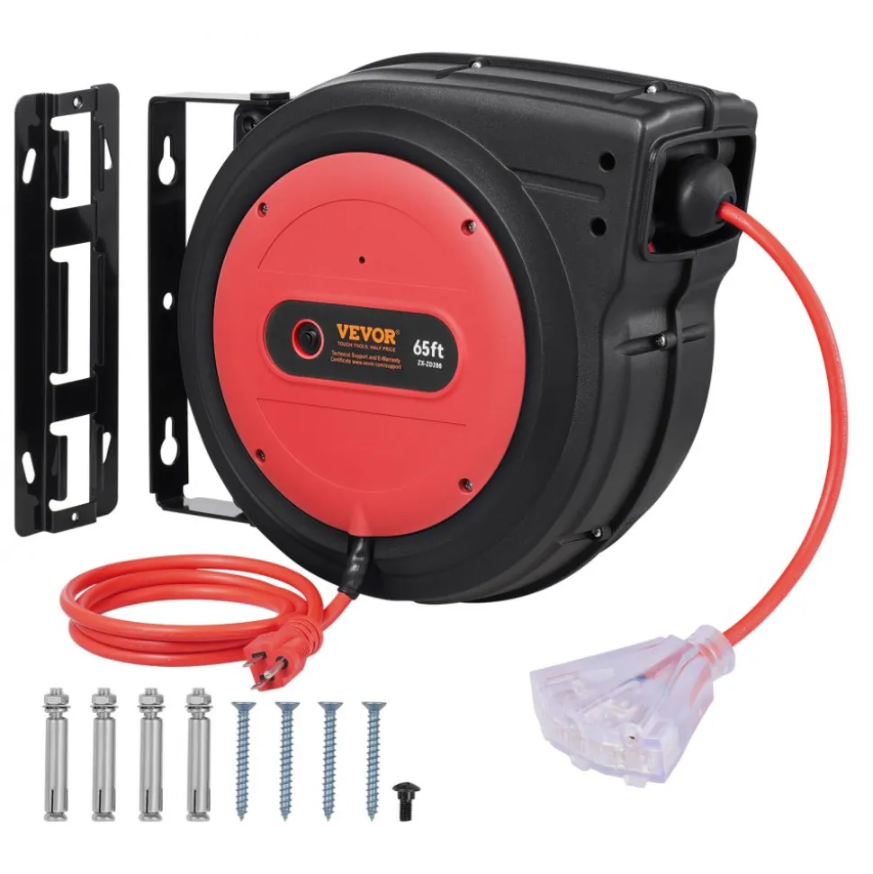 VEVOR Retractable Extension Cord Reel, 65 FT, Heavy Duty 12AWG/3C SJTOW Retractable Power Cord with Lighted Triple Tap Outlet, 15 Amp Circuit Breaker 180° Swivel Bracket for Ceiling or Wall Mount