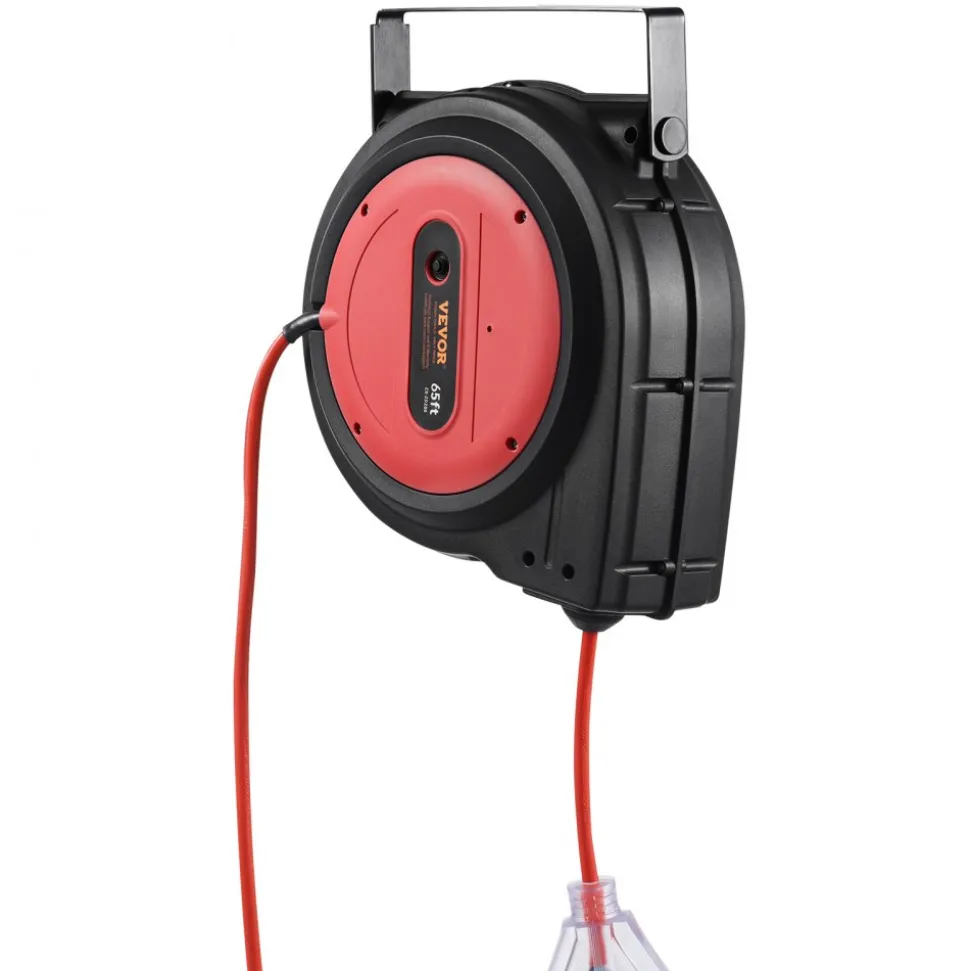 VEVOR Retractable Extension Cord Reel, 65 FT, Heavy Duty 12AWG/3C SJTOW Retractable Power Cord with Lighted Triple Tap Outlet, 15 Amp Circuit Breaker 180° Swivel Bracket for Ceiling or Wall Mount