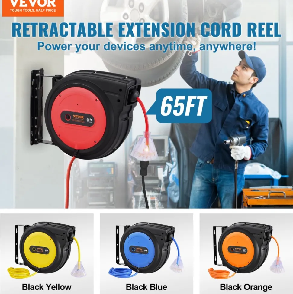 VEVOR Retractable Extension Cord Reel, 65 FT, Heavy Duty 12AWG/3C SJTOW Retractable Power Cord with Lighted Triple Tap Outlet, 15 Amp Circuit Breaker 180° Swivel Bracket for Ceiling or Wall Mount