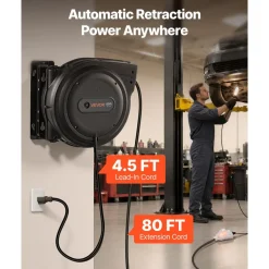 VEVOR Retractable Extension Cord Reel 75FT Heavy Duty 14AWG/3C SJTOW Black, for Ceiling/Wall Mount, 13A Circuit Breaker, Automatic Retractable Power Cord, Lighted Triple Tap, with 180° Swivel Bracket