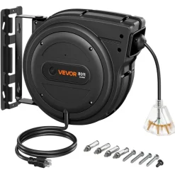 VEVOR Retractable Extension Cord Reel 75FT Heavy Duty 14AWG/3C SJTOW Black, for Ceiling/Wall Mount, 13A Circuit Breaker, Automatic Retractable Power Cord, Lighted Triple Tap, with 180° Swivel Bracket