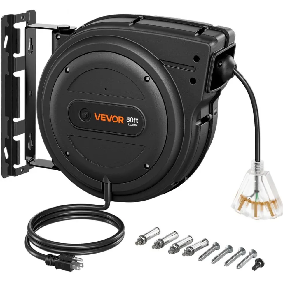 VEVOR Retractable Extension Cord Reel 75FT Heavy Duty 14AWG/3C SJTOW Black, for Ceiling/Wall Mount, 13A Circuit Breaker, Automatic Retractable Power Cord, Lighted Triple Tap, with 180° Swivel Bracket