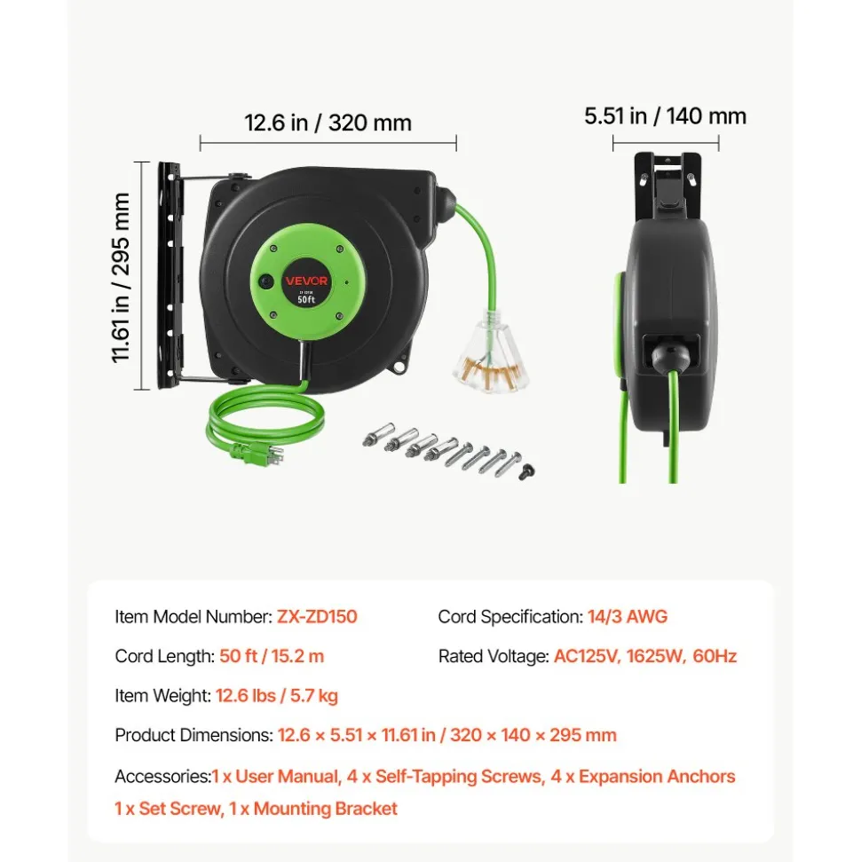 VEVOR Retractable Extension Cord Reel 50FT Heavy Duty 14AWG/3C SJTOW Green, for Ceiling/Wall Mount, 13A Circuit Breaker, Automatic Retractable Power Cord, Lighted Triple Tap, with 180° Swivel Bracket
