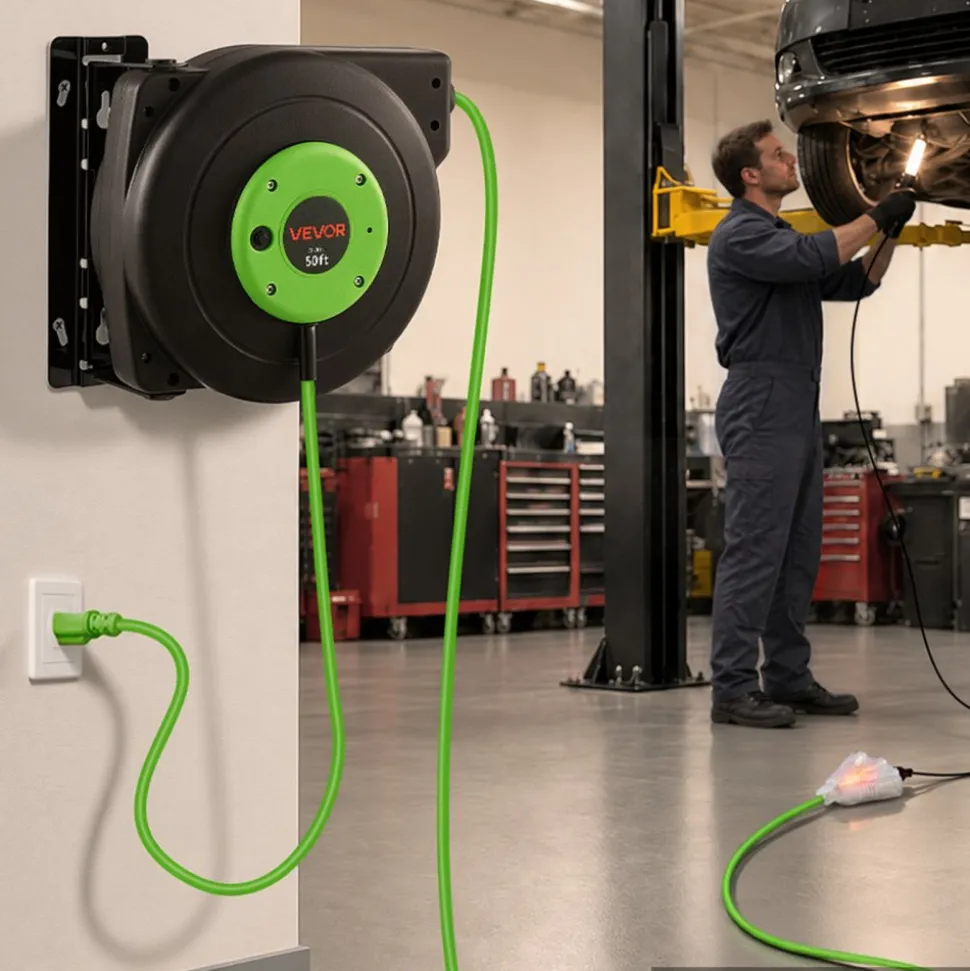VEVOR Retractable Extension Cord Reel 50FT Heavy Duty 14AWG/3C SJTOW Green, for Ceiling/Wall Mount, 13A Circuit Breaker, Automatic Retractable Power Cord, Lighted Triple Tap, with 180° Swivel Bracket