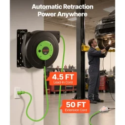 VEVOR Retractable Extension Cord Reel 50FT Heavy Duty 14AWG/3C SJTOW Green, for Ceiling/Wall Mount, 13A Circuit Breaker, Automatic Retractable Power Cord, Lighted Triple Tap, with 180° Swivel Bracket
