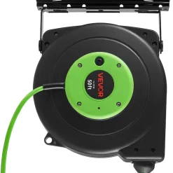VEVOR Retractable Extension Cord Reel 50FT Heavy Duty 14AWG/3C SJTOW Green, for Ceiling/Wall Mount, 13A Circuit Breaker, Automatic Retractable Power Cord, Lighted Triple Tap, with 180° Swivel Bracket